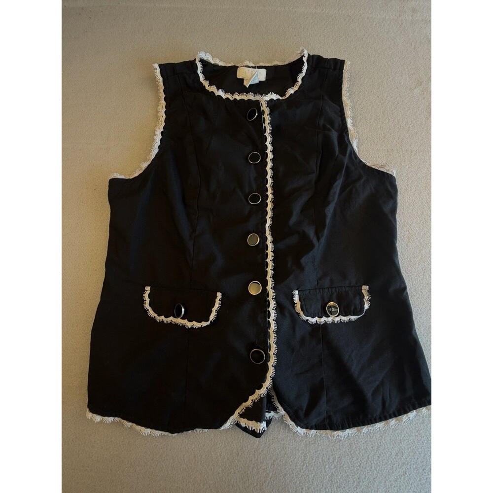 LIFE Black White Lace Trim Button Front Lined Sleeveless Vest Pockets Women's XL